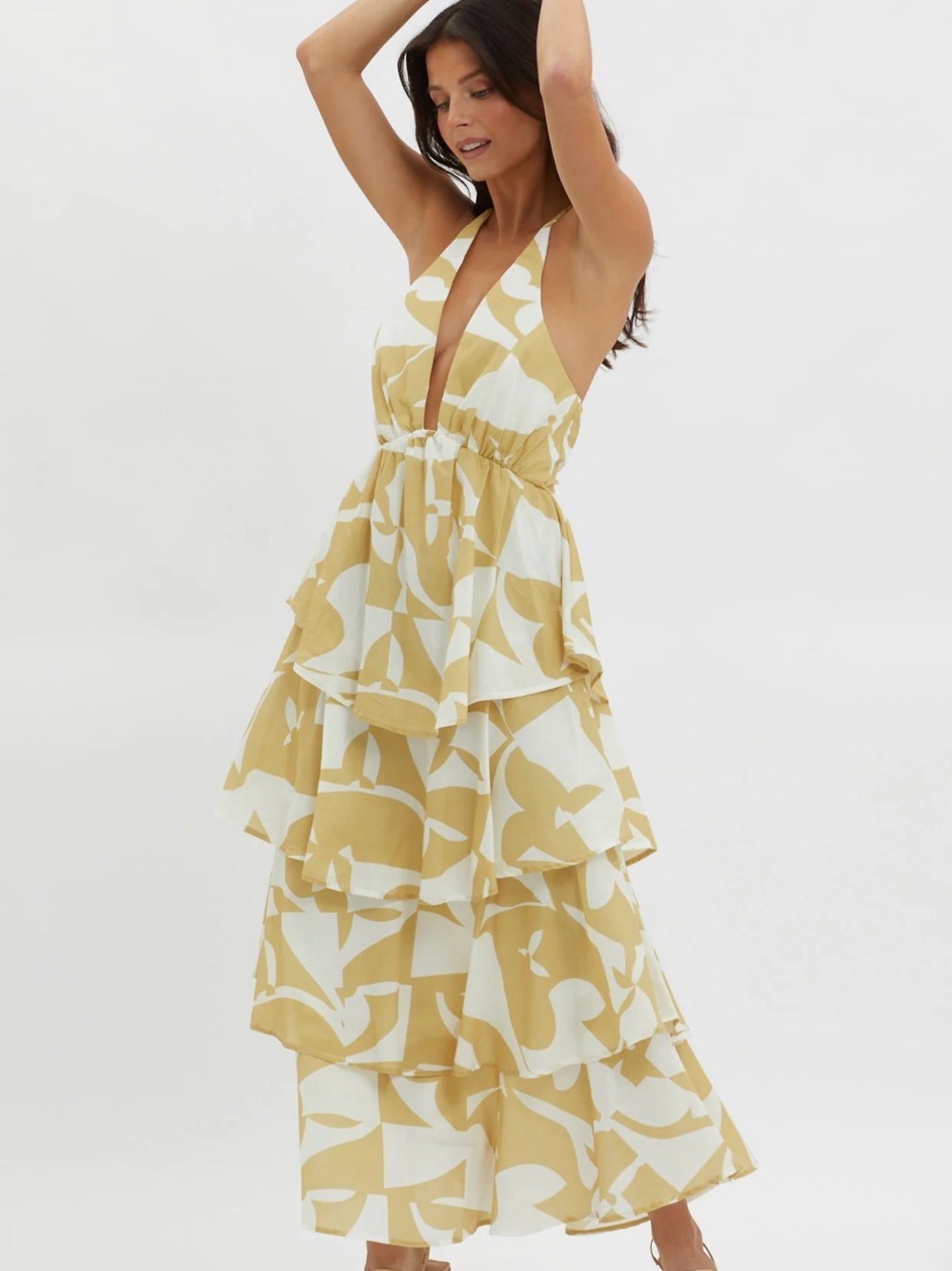 Selfie Leslie Mustard and White Tiered Halter Maxi Dress